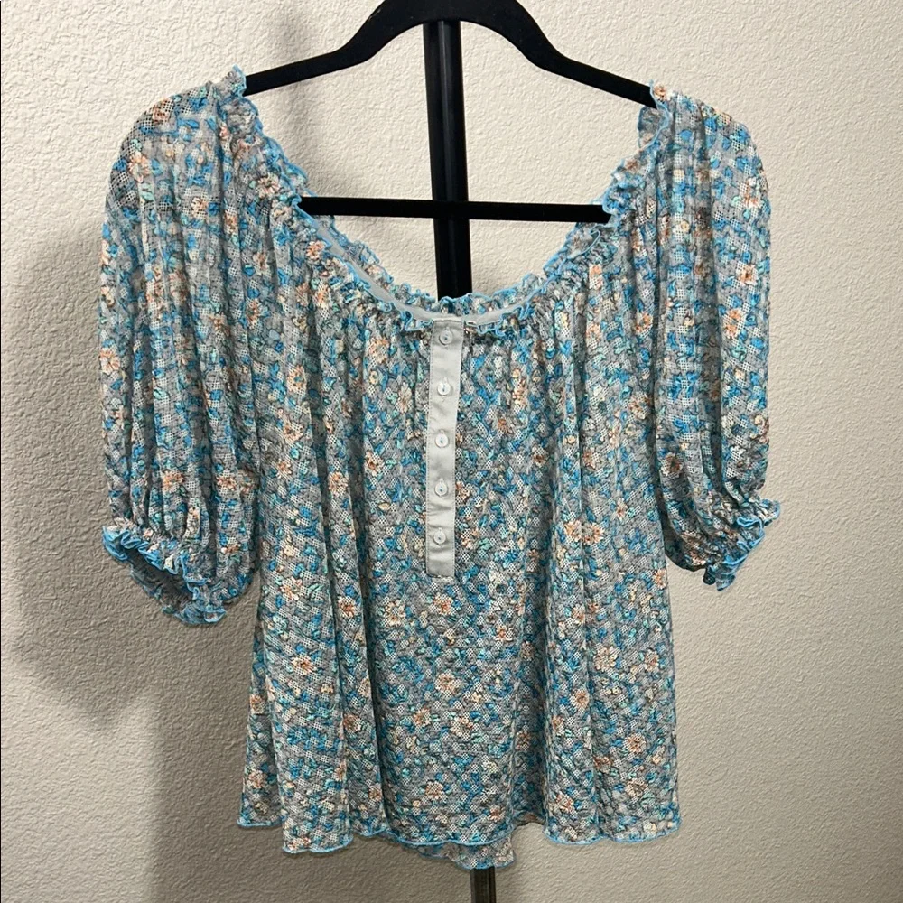 Free People Astra Peasant Teal and Peach Patterned Blouse S